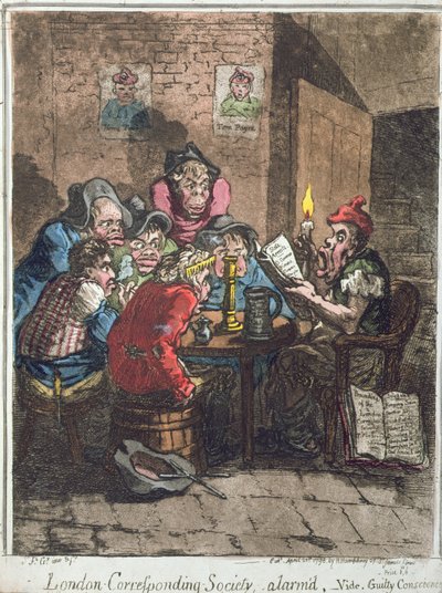 Sociedad Correspondiente de Londres, alarmada, o Conciencia Culpable, publicada por Hannah Humphrey en 1798 de James Gillray